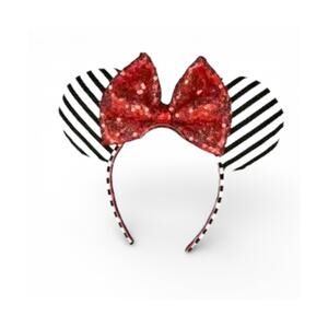 Custom Wicked Style Mouse Ears Headband Ruby Red Sequin Bow Black White Stripe